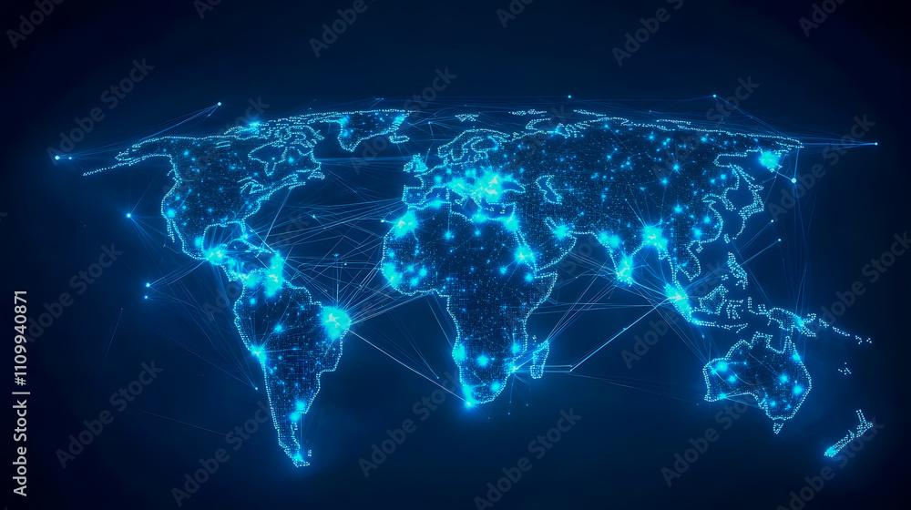 Poster Abstract Digital World Map with Network Connections and Glowing Points of Interest in Blue Color Scheme for Technology and Global Communication Concepts