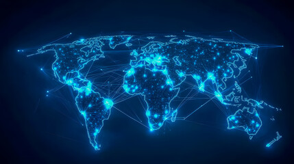 Fototapeta premium Abstract Digital World Map with Network Connections and Glowing Points of Interest in Blue Color Scheme for Technology and Global Communication Concepts