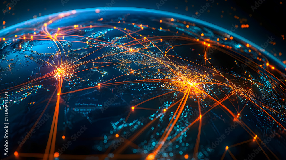 Poster global network connections over earth at night with bright lights and data flowing lines illustratin