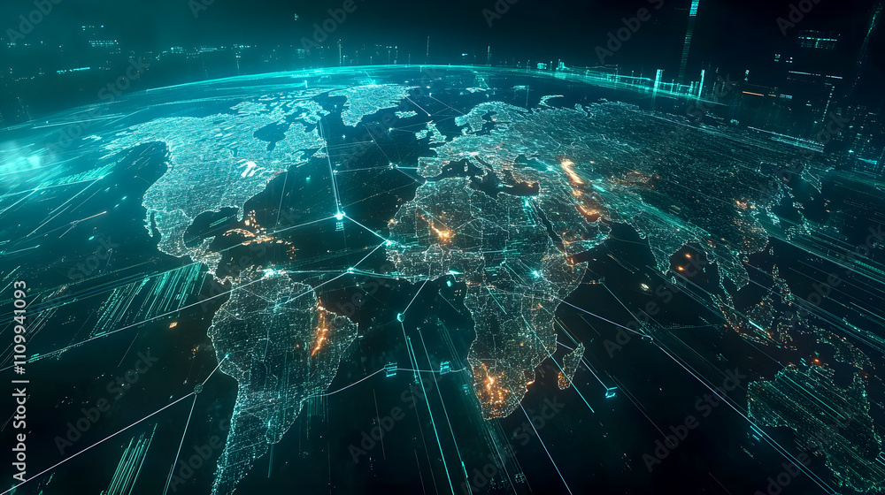 Poster futuristic digital world map with network connections and data visualization in dark background
