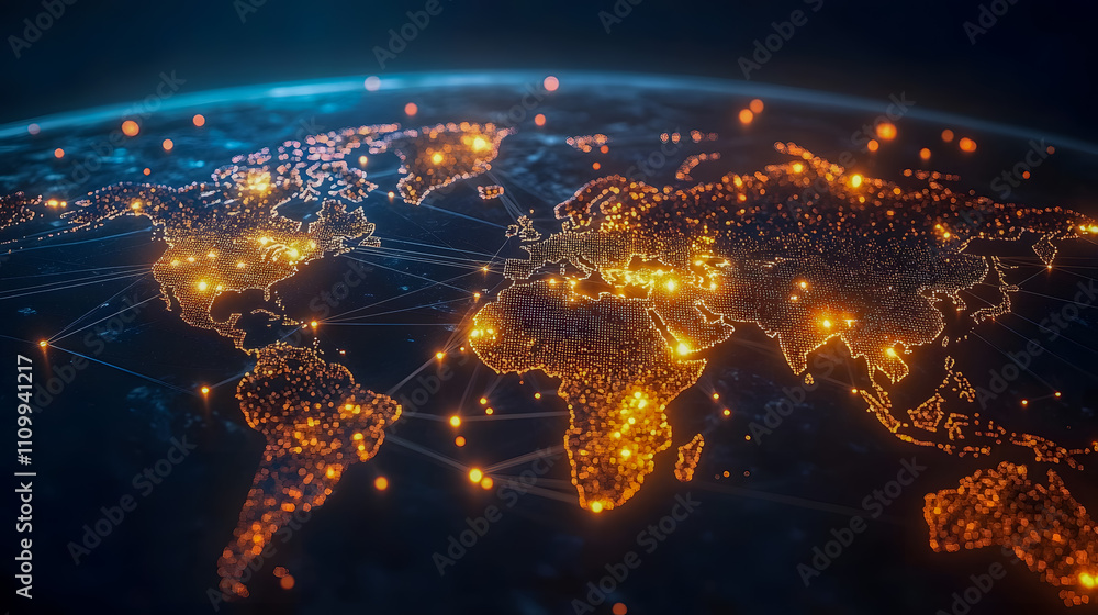 Poster global network visualization with illuminated connections and city lights displayed in a high-resolu