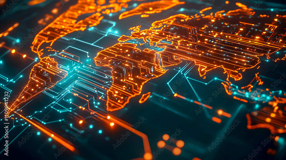 Poster abstract technological background with glowing circuits and world map in neon colors representing gl