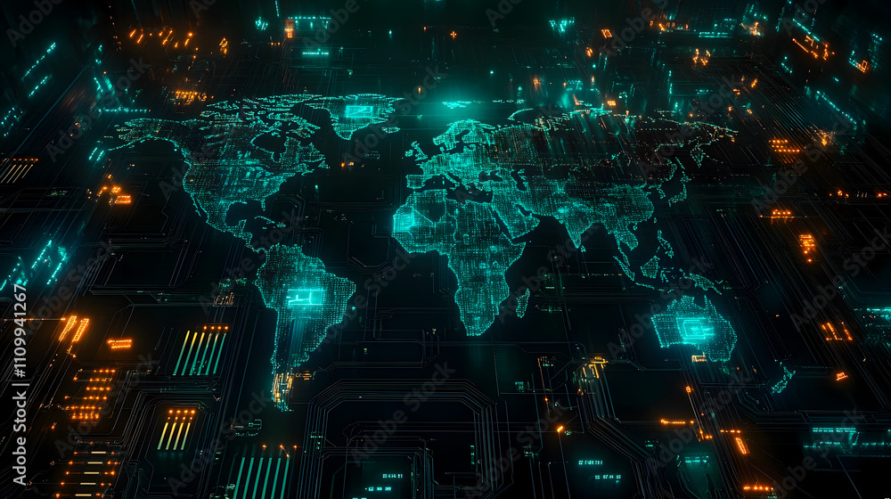 Poster futuristic digital world map with glowing circuit patterns and holographic technology on dark backgr