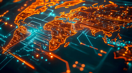 Abstract technological background with glowing circuits and world map in neon colors representing global digital connectivity and innovation