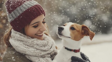 Joyful Woman Embracing Dog in Winter Snow