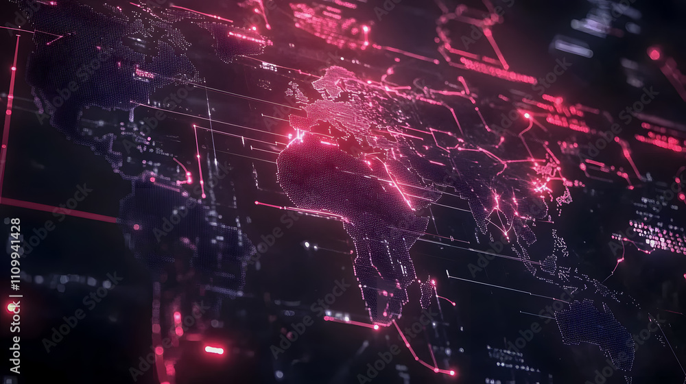 Poster abstract digital world map visualization with neon lights and technological network connections in d