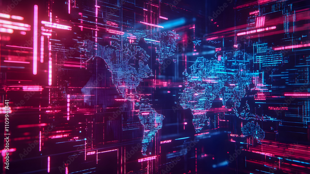 Poster futuristic digital world map with neon light effects and data streams representing global connectivi