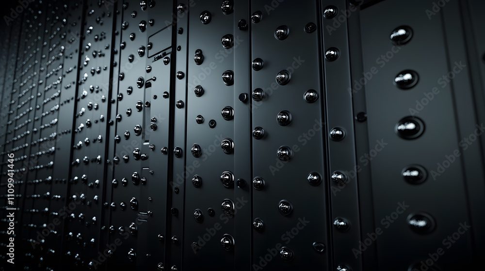Poster A close-up of a dark, textured surface featuring numerous metallic studs, creating a visually striking and industrial effect