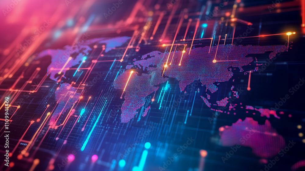 Poster futuristic digital world map with glowing lines and dots representing connections and data flow acro
