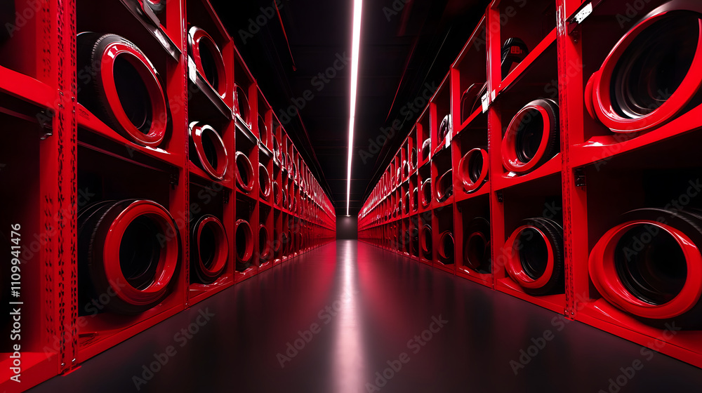 Aufkleber A visually striking corridor lined with red shelves displaying circular objects, creating a futuristic and industrial atmosphere