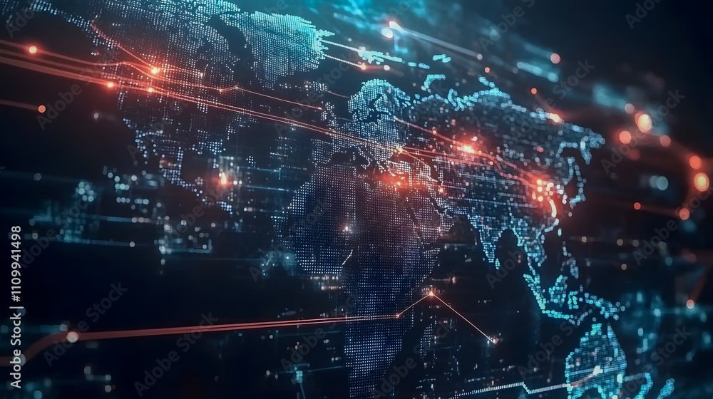 Poster abstract digital world map depicting interconnected lines and glowing nodes representing global data
