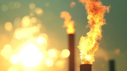 Obraz premium The image features industrial smokestacks emitting flames against a bright background, emphasizing pollution and energy production