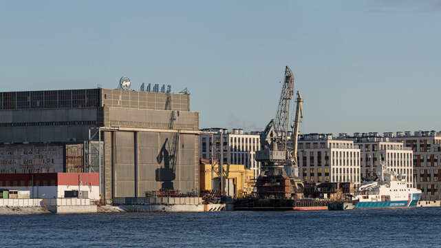 Saint Petersburg, Russia - November 24, 2024: Buildings of the Almaz Shipbuilding Plant located on the banks of the Malaya Neva River.