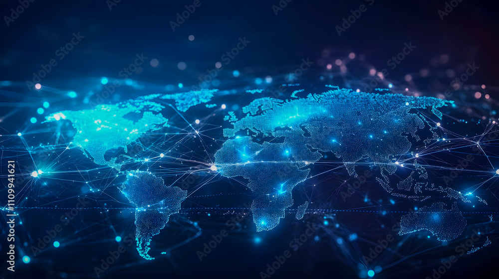 Poster digital world map with glowing connections and data flow illustrating global networking and technolo