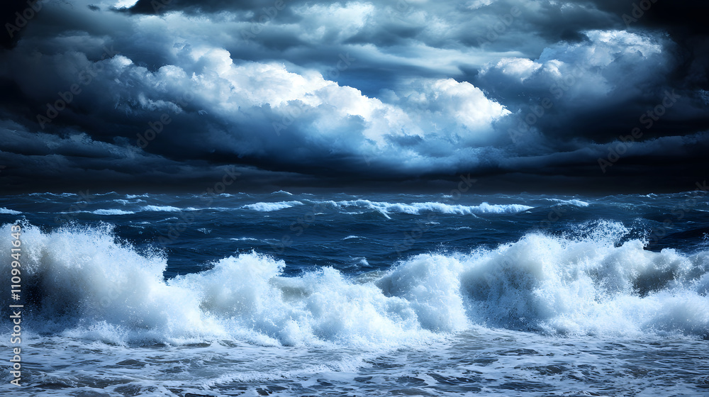 Poster a dramatic seascape featuring powerful waves under a stormy sky, with dark clouds creating a moody a