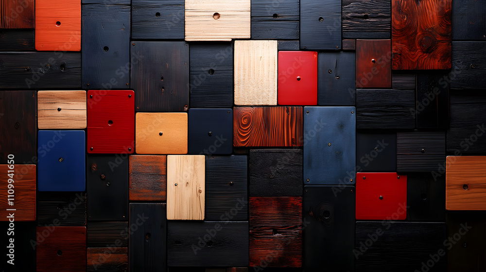 Poster a vibrant arrangement of wooden tiles in various colors and textures, creating a visually striking m