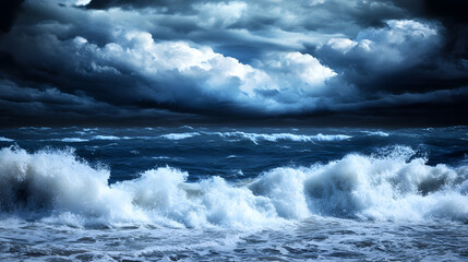 Obraz premium A dramatic seascape featuring powerful waves under a stormy sky, with dark clouds creating a moody atmosphere