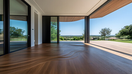 A modern interior with large glass doors showcasing a scenic outdoor view and elegant wooden flooring