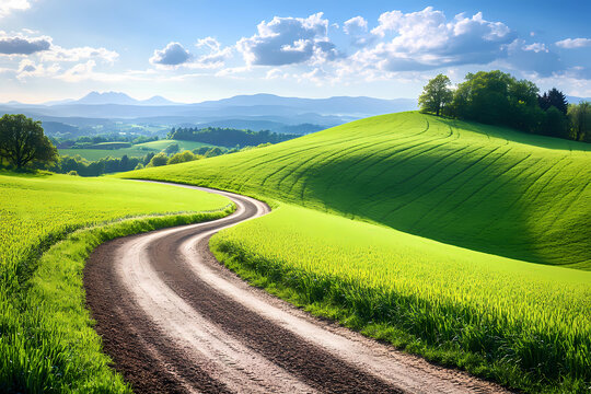 Beautiful green field with a winding road in the springtime, a vibrant landscape, and a countryside scenery