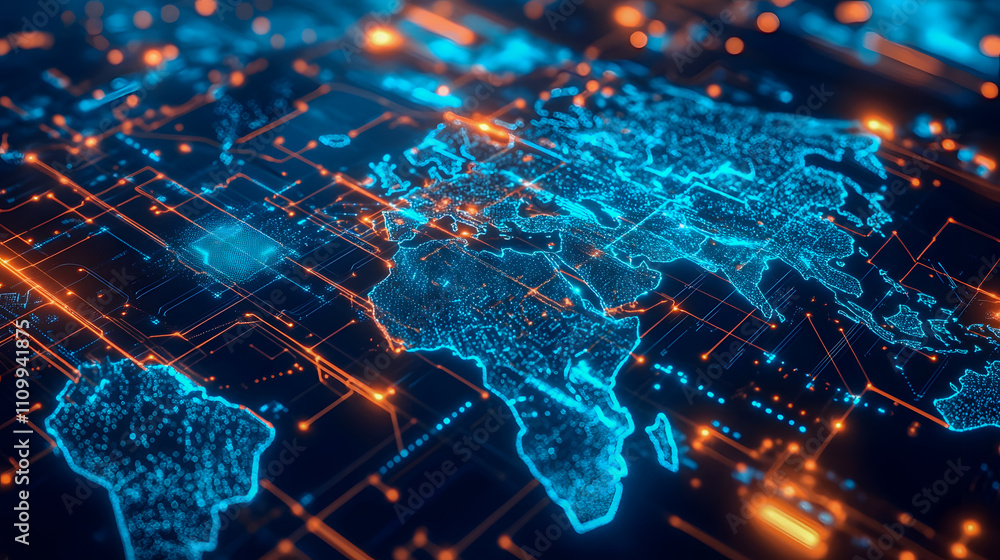 Aufkleber futuristic digital global map with network connections and blue glowing elements representing the co
