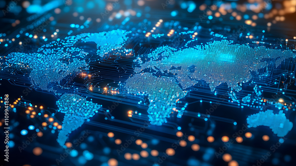 Poster digital map of global connectivity with vivid blue lights and data flow representation for advanced 