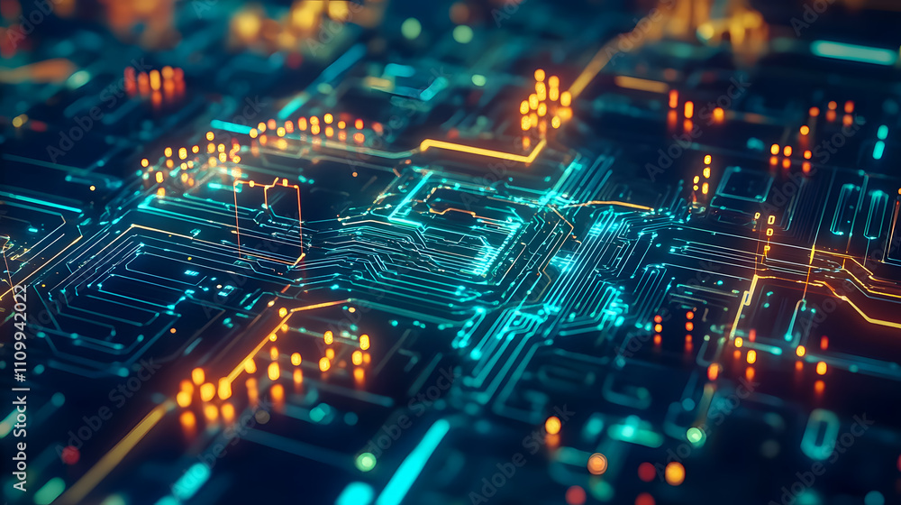 Poster abstract close-up of illuminated circuit board with glowing lines and data transmissions, representi