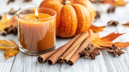 Warm Autumn Decor with Candle and Pumpkin