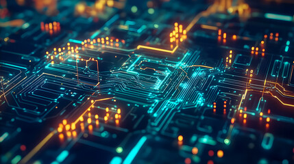 Fototapeta premium Abstract close-up of illuminated circuit board with glowing lines and data transmissions, representing technology and digital connections in modern systems