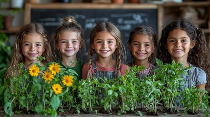 Students in a Vibrant Classroom Garden Symbolizing Growth through Knowledge