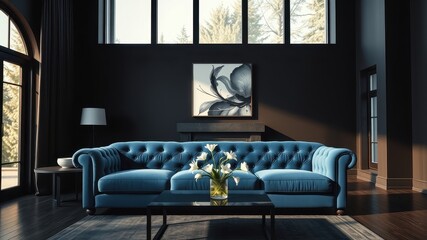 Obraz premium A contemporary living room with a blue tufted sofa, a black fireplace, a framed black and white floral print, and large windows showcasing a verdant view