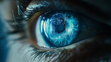 Close-up of an eye with a blue iris and a digital data hologram on a dark background