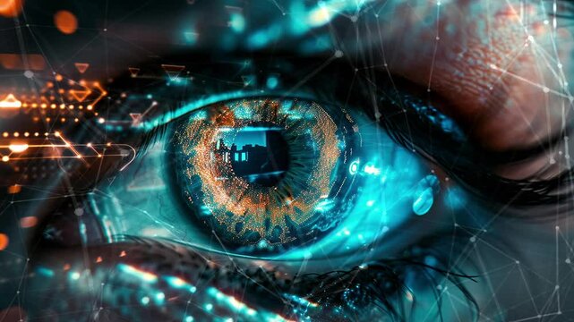 Close-up of a futuristic digital eye. Digital eye, data network and cyber security technology. Futuristic tech of virtual cyberspace. Digital eye. Internet secure surveillance. Generate AI.