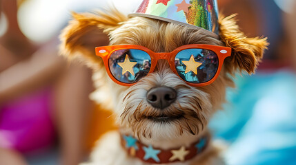 Celebratory dog in sunglasses beach party animal photography fun environment close-up view pet lifestyle