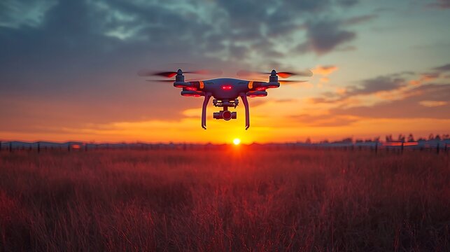 Drone Scanning Solar Farm at Scenic Sunset Ensuring Optimal Panel Function