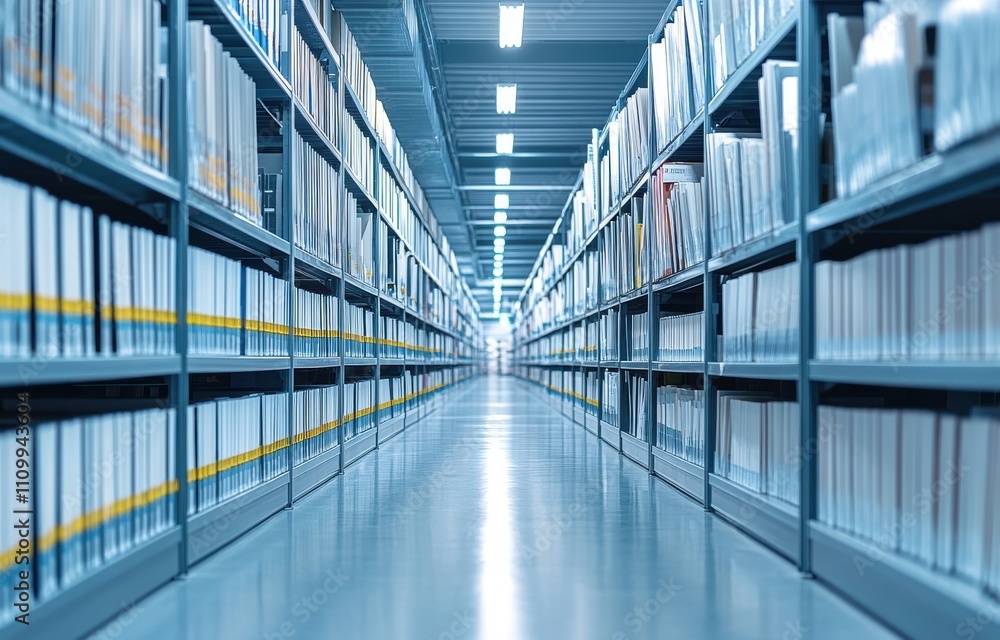 Poster a serene perspective of a modern archive collection with neat rows of files and clear pathway illumi
