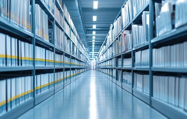 Fototapeta premium A Serene Perspective of a Modern Archive Collection with Neat Rows of Files and Clear Pathway Illuminated by Bright Fluorescent Lights