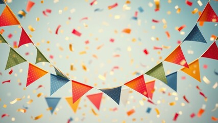 Fototapeta premium A string of colorful triangular flags hangs against a blue sky, surrounded by fluttering confetti. The flags feature a variety of vibrant patterns, adding a festive touch to the scene.