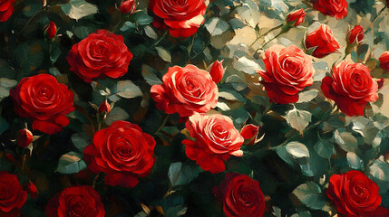 Blooming red roses garden pathway nature photography sunny environment close-up view floral beauty and serenity