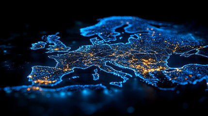 Illuminated map of europe global connectivity digital art nighttime aerial view geographic visualization for seo impact