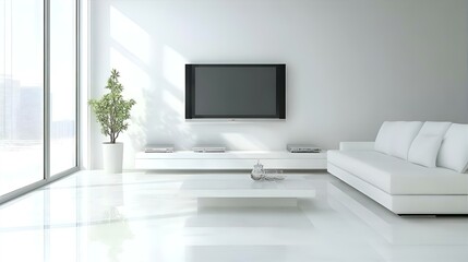 Modern Minimalist White Living Room Interior Design with Flat Screen TV, White Sofa, and Plant