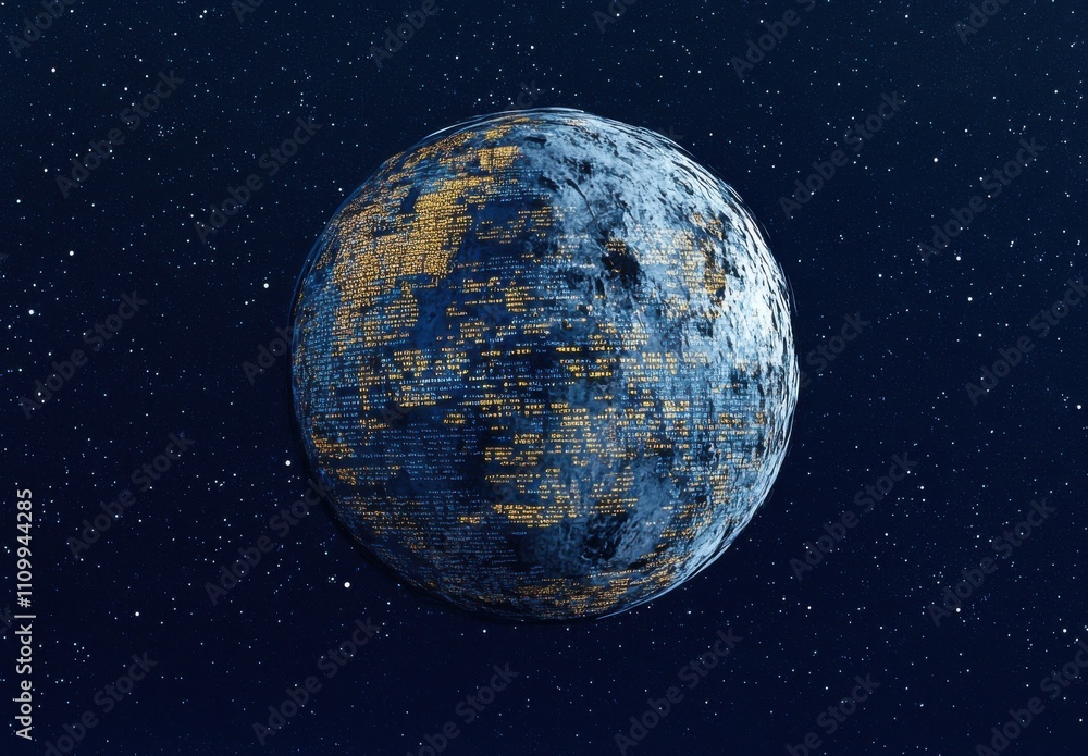 Poster a stunning visualization of a unique planet covered in written data, enveloped by a starry sky, repr