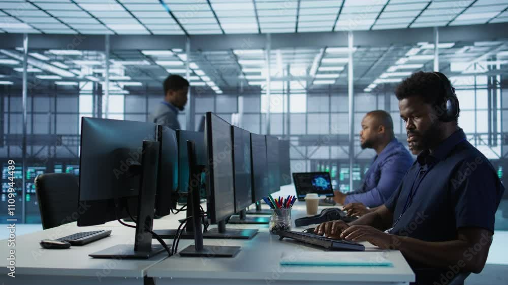 Poster data center admin typing on keyboard, maintaining company network infrastructure by configuring hard