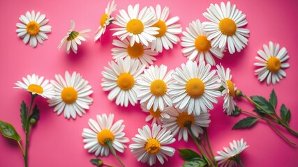 Obraz premium A scattering of delicate white daisies on a vibrant pink backdrop, showcasing their intricate petals and bright yellow centers.