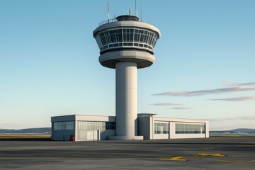 Modern Aviation Control Tower and Terminal at an Airport Surrounded by Clear Blue Sky and Runway in a Tranquil Setting for Air Travel Services
