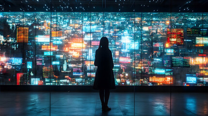 City lights display urban setting digital artwork nighttime view futuristic concept human silhouette in focus