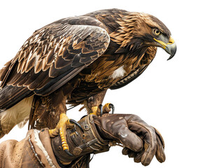 A majestic golden eagle perched on a falconer's glove, showcasing its stunning feathers and powerful beak.