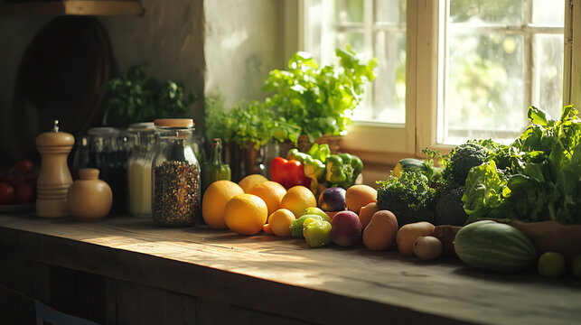 Fresh vegetables and fruits on kitchen counter, promoting healthy living