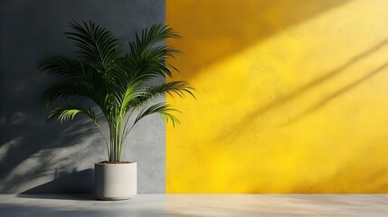 Fototapeta premium Sunlit Palm Plant in a White Pot Against a Two-Tone Grey and Yellow Wall, Minimalist Interior Design