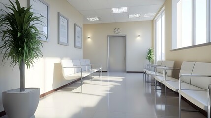 Modern, bright, minimalist waiting room with white leather seating, large windows, and potted plants, creating a serene and calming atmosphere.