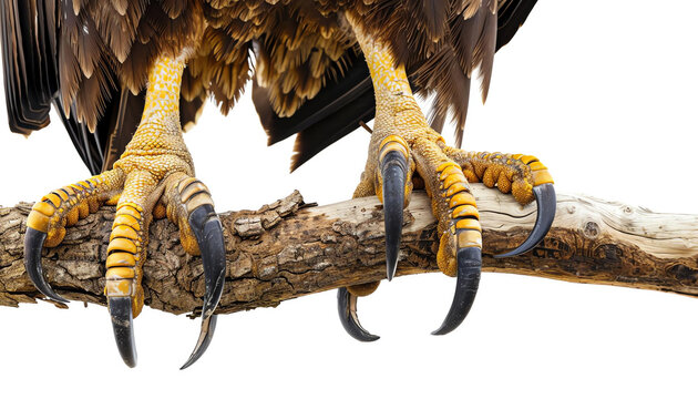 Close-up of a majestic eagle's talons gripping a branch, showcasing details of its powerful claws and feathers.